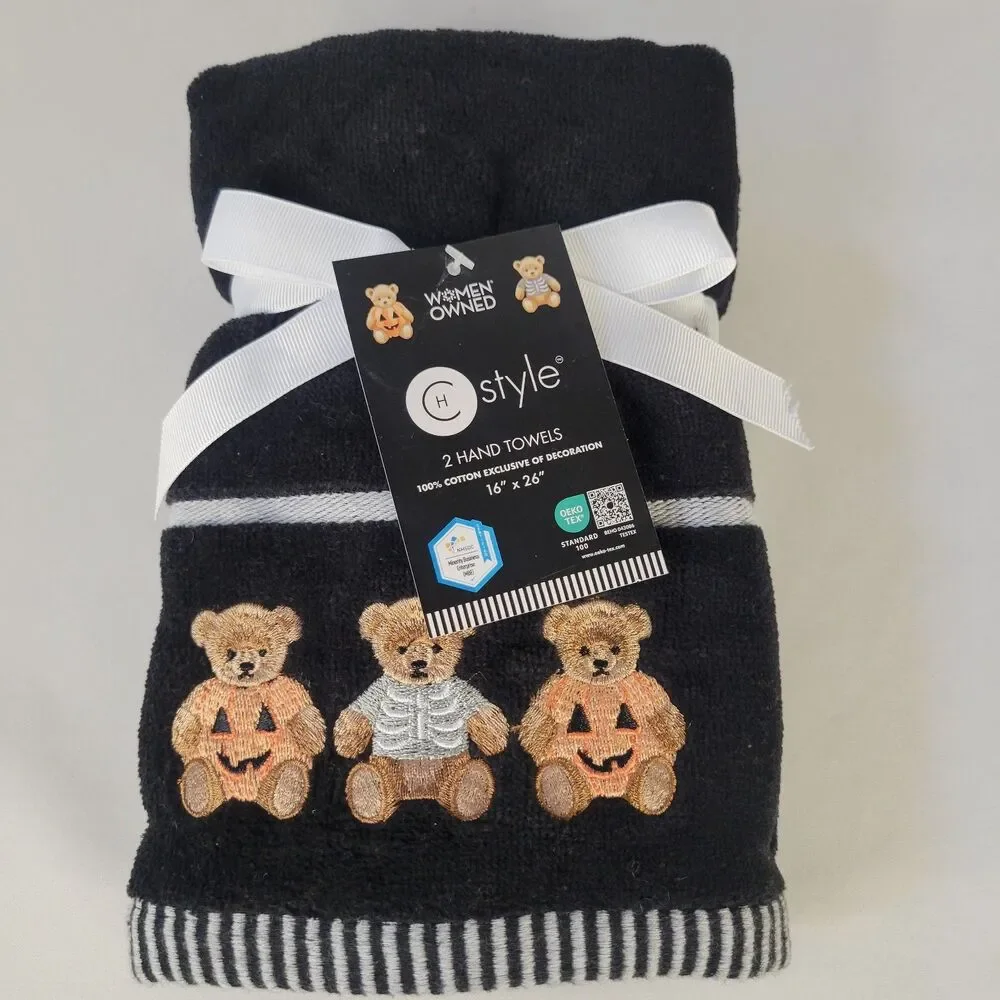Set 2 Halloween Hand Towels Black White Cotton Teddy Bear Pumpkin Costume 16x26”